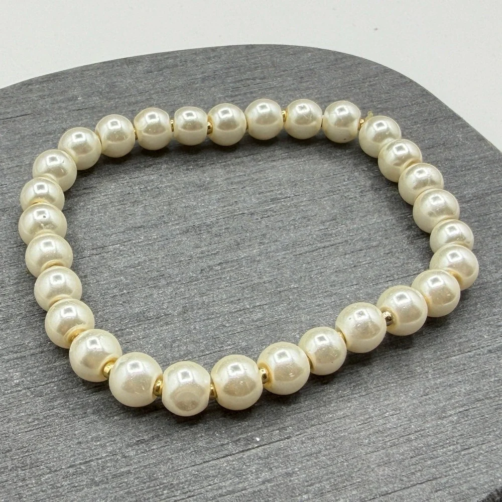 Faux Pearl Gold Tone Spacer Bead Stretch Bracelet Cream Classic Bridal Jewelry